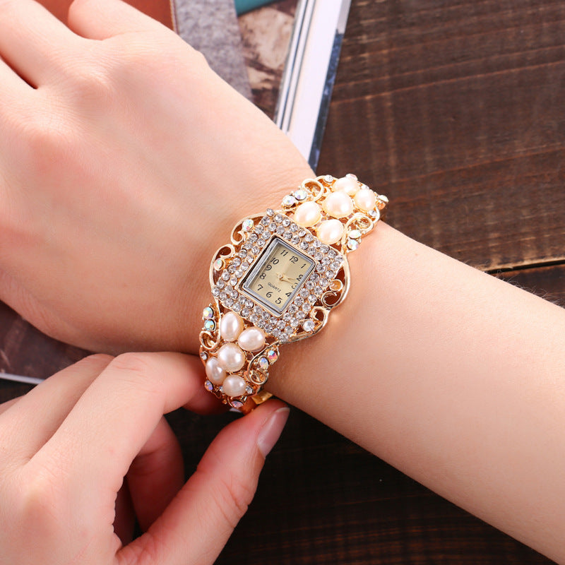 Pearl and Diamond Women's Hollow Bangle Watch