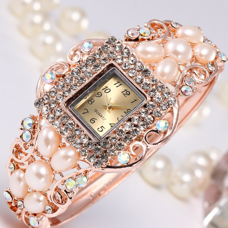 Pearl and Diamond Women's Hollow Bangle Watch