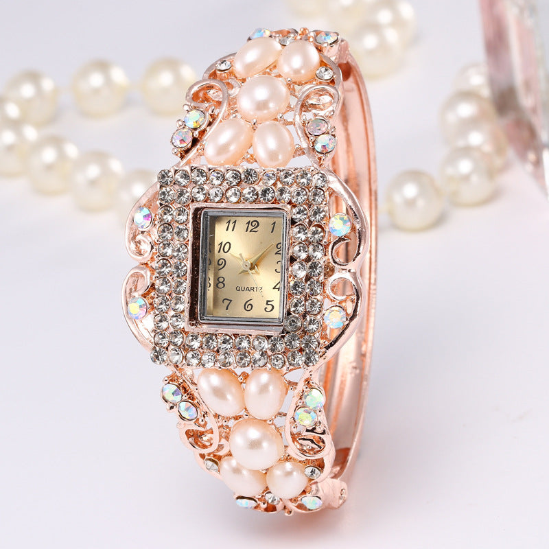 Pearl and Diamond Women's Hollow Bangle Watch