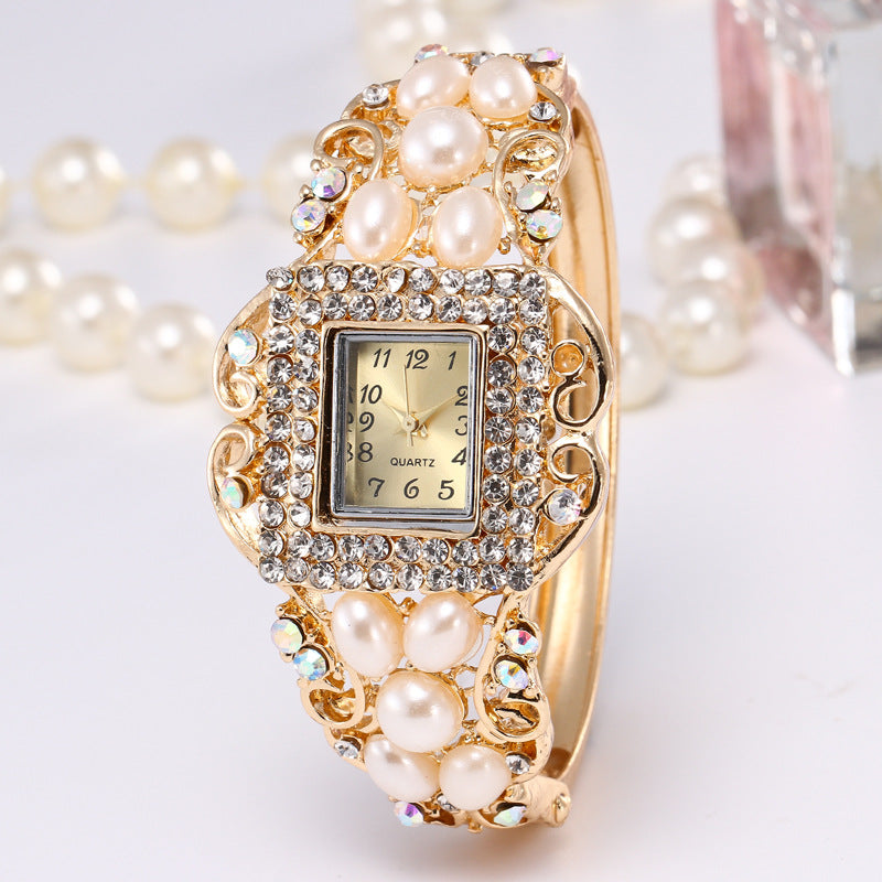 Pearl and Diamond Women's Hollow Bangle Watch