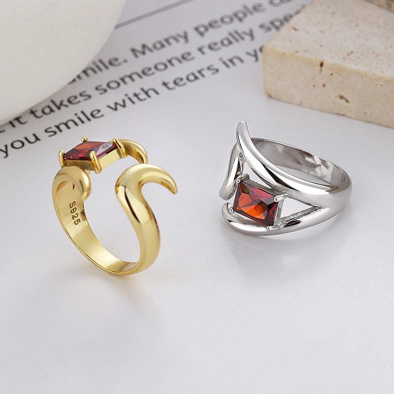 S925 Sterling Silver Irregular Red Zircon Open-end Ring