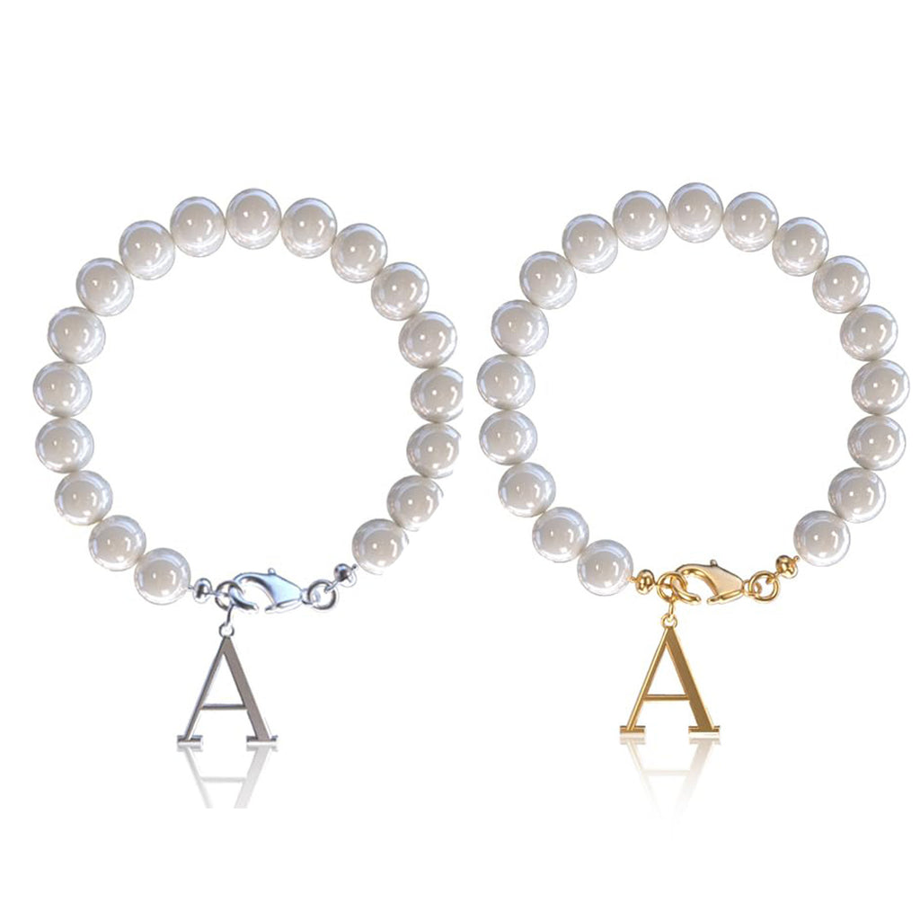 Stainless Steel Letter Bracelet with Pearl Accents